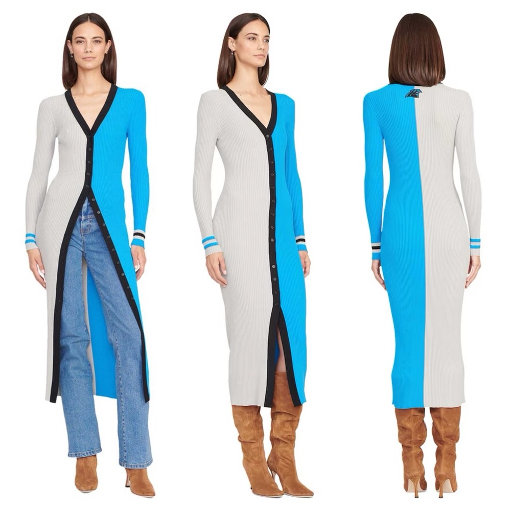 STAUD x Carolina Panthers XS Shoko Knit Sweater Dress Cardigan Blue Silver New